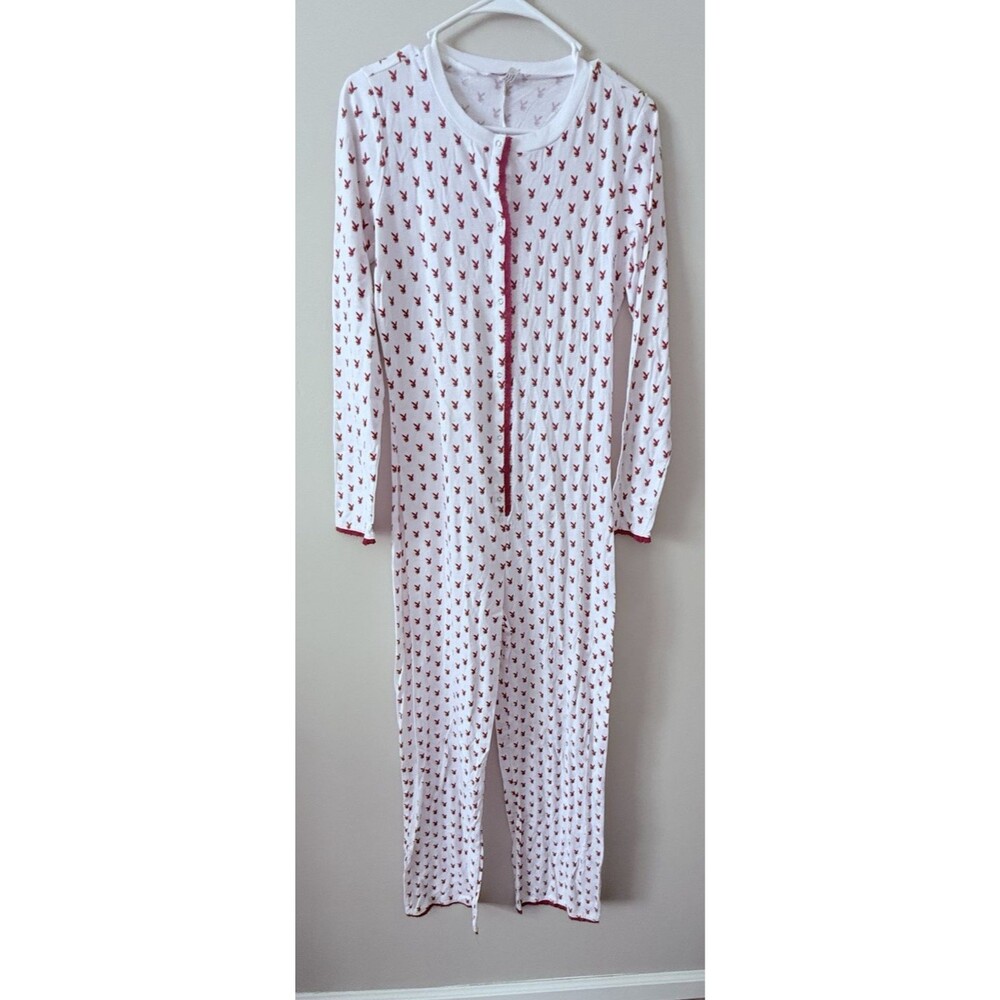 Playboy Intimates Bunny All Over Print Pink White Pajamas Butt Flap Womens M